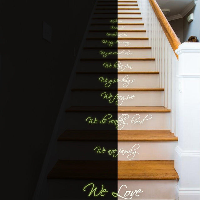 Glow in dark quote stair sticker featuring family values like love, fun, and second chances on a staircase.