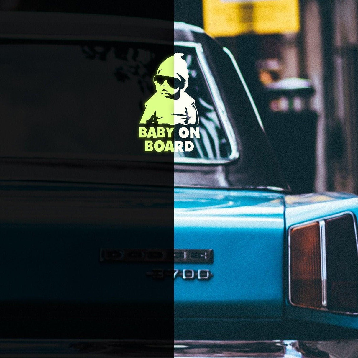 Glow in the dark Baby On Board vinyl sticker displayed on a car window for safety and humor.