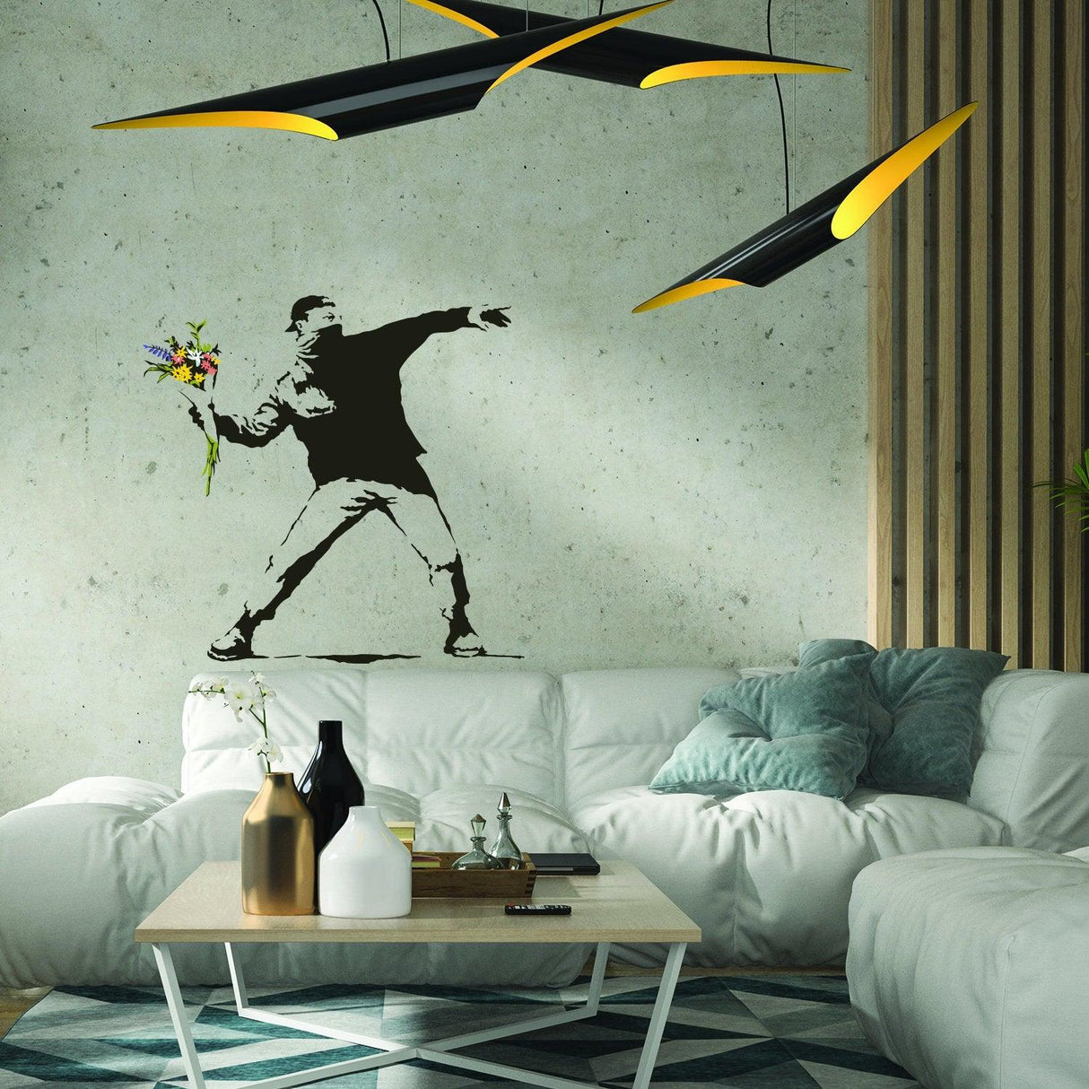 Banksy Flower Throw wall vinyl sticker in modern living room with stylish decor and lighting