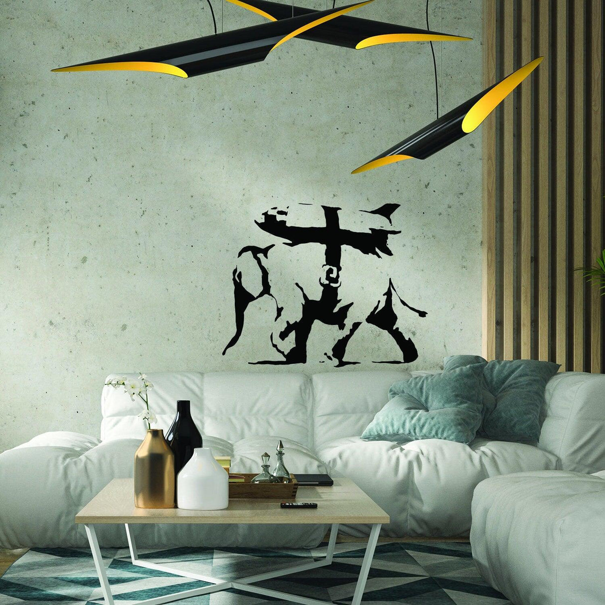 Banksy-inspired wall art in modern living room with stylish furniture and unique lighting.