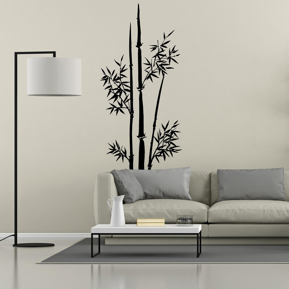 Bamboo wall vinyl sticker showcasing intricate stalk design above a modern sofa in a stylish living room.