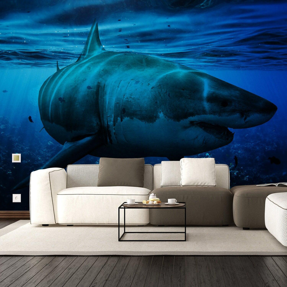 Ocean Shark Wallpaper Art Decal featuring a fierce shark swimming in a stunning underwater scene, ideal for home decor.