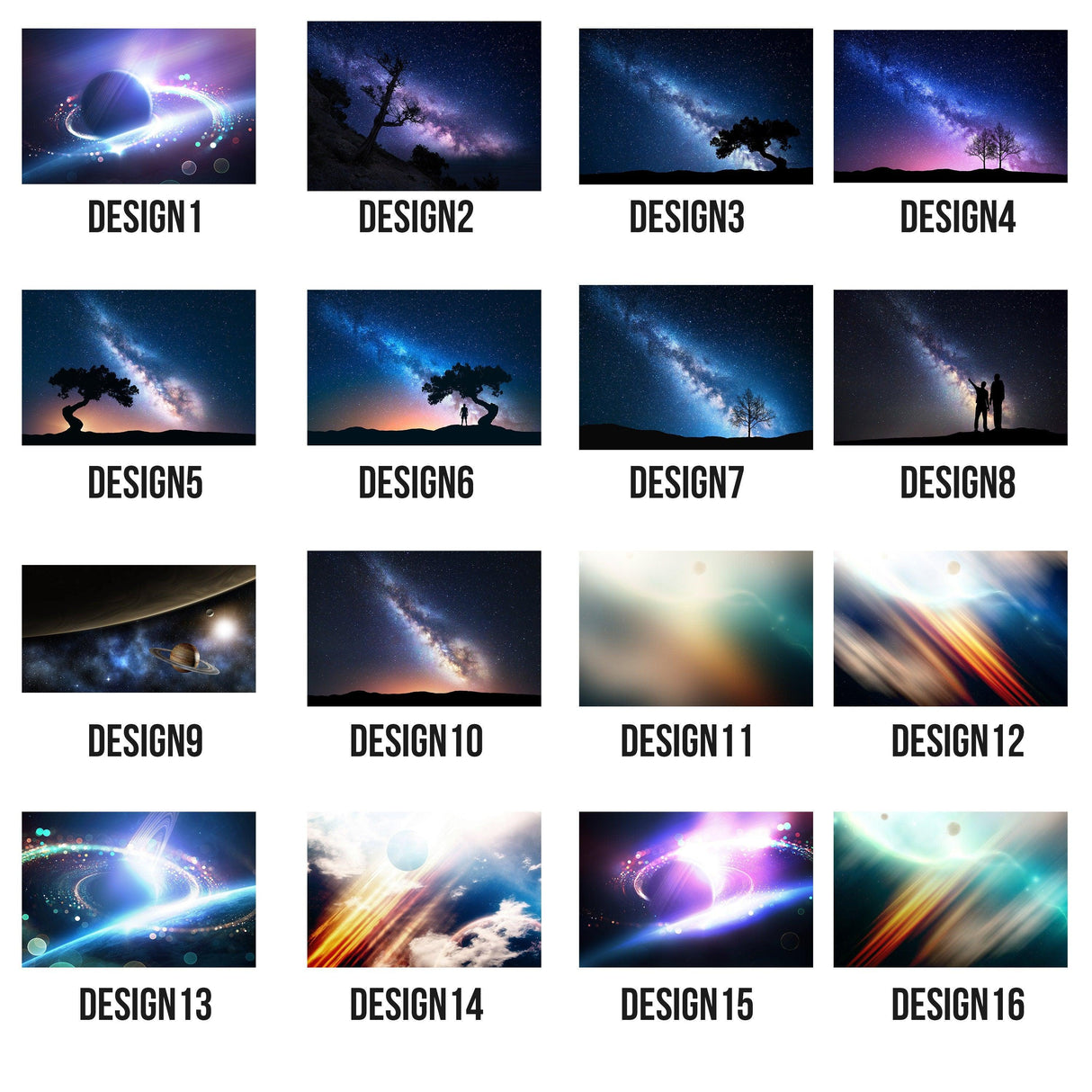 Collection of 16 deep outer space wallpaper designs featuring galaxies, stars, and cosmic scenes.