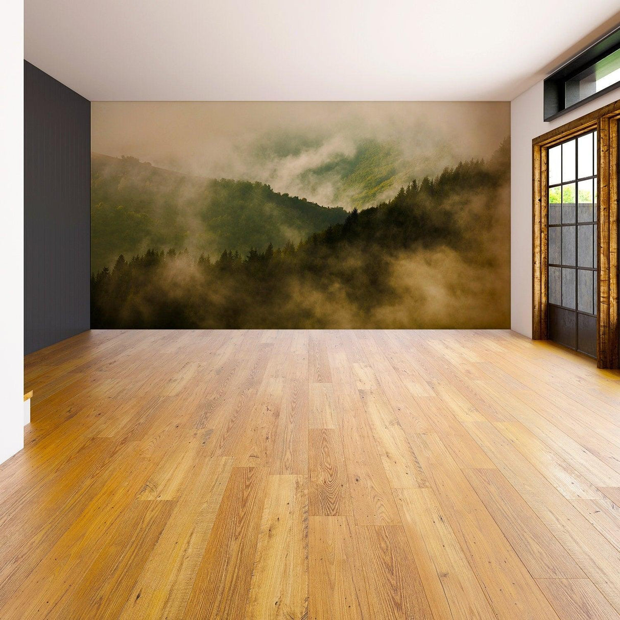 Foggy forest wallpaper mural featuring misty mountains and trees, creating a dreamy atmosphere in an empty room.