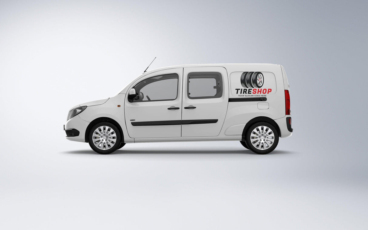 White delivery van with 'TIRESHOP' signage, side view on a light background.