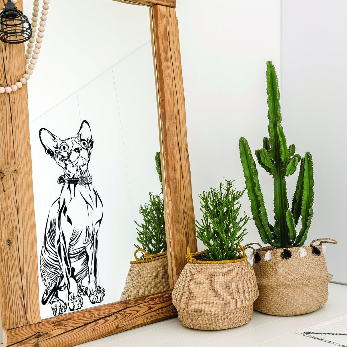 Custom cat wall decal displayed on a mirror, surrounded by potted plants in a stylish home setting.