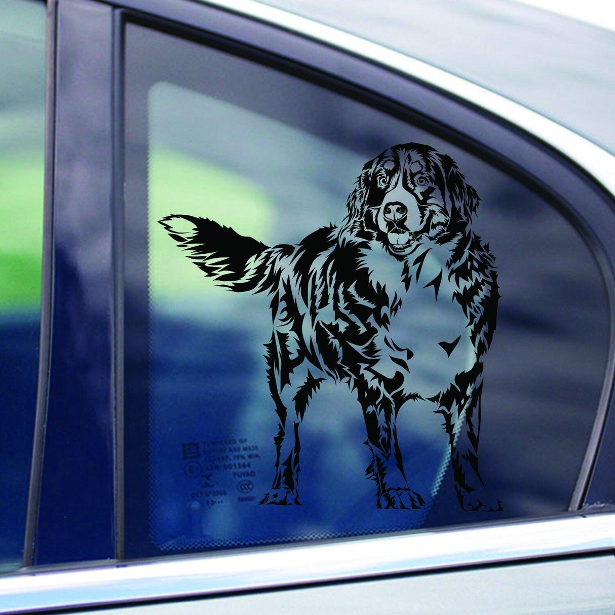Custom dog wall decal sticker on car window, showing a playful dog portrait in high-quality vinyl.