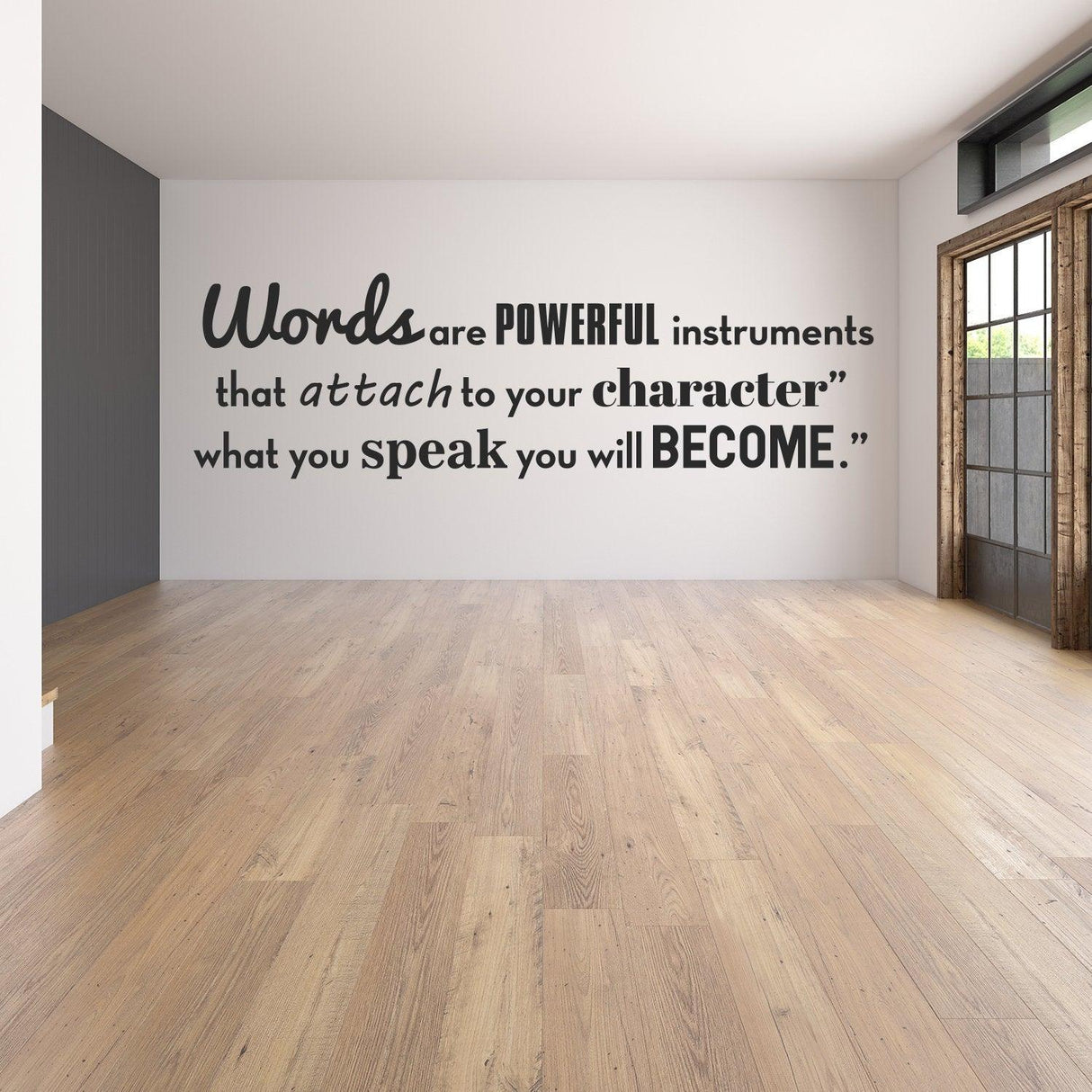 Inspirational wall vinyl quote sticker featuring motivational text in a modern living room setting.
