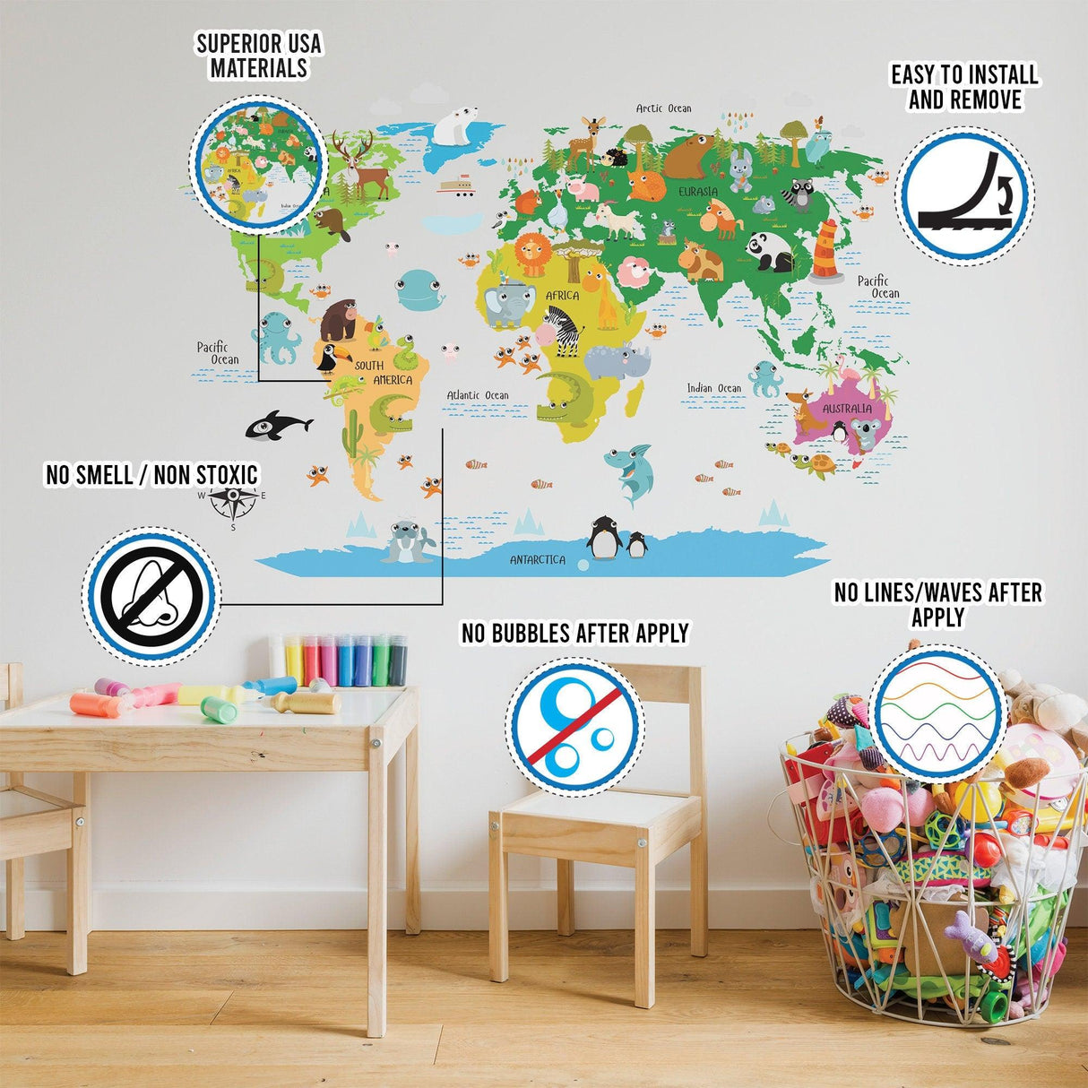Colorful Kids World Map Wall Decal with animals, features for easy installation and removal, perfect for nursery decor.