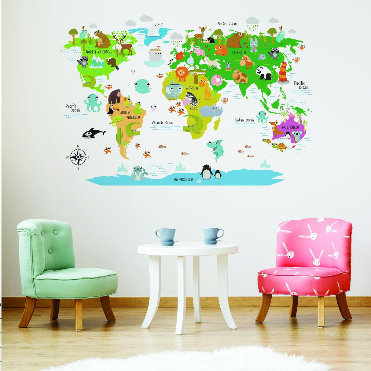 Kids world map wall decal with animals, colorful vinyl sticker for nursery and playroom decoration.