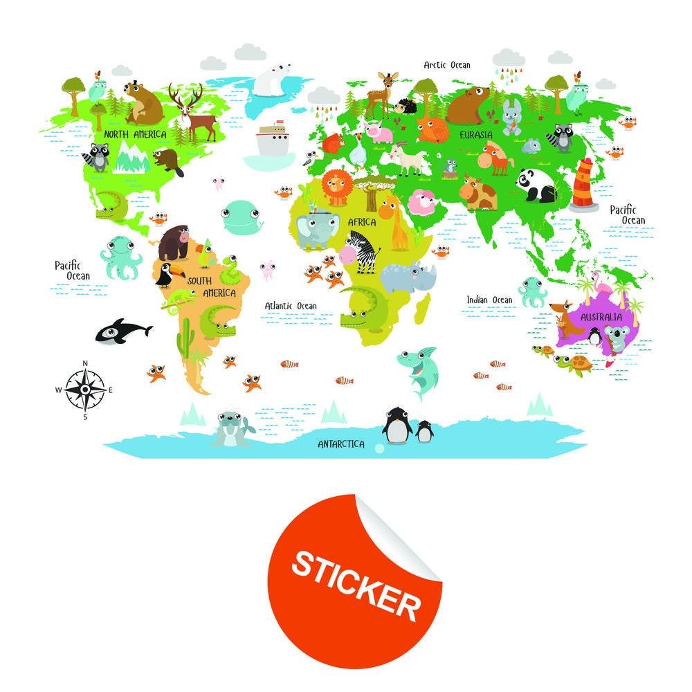Colorful Kids World Map Wall Decal featuring animals for nursery and playroom decor.