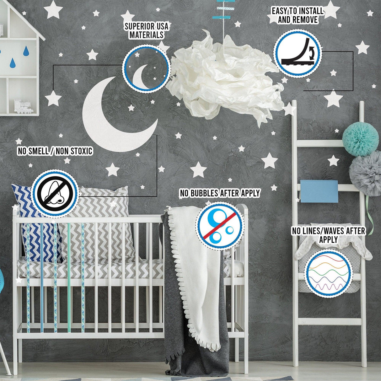 Nursery room featuring 220 white stars wall stickers and moon decor, highlighting features like easy installation and no toxic materials.