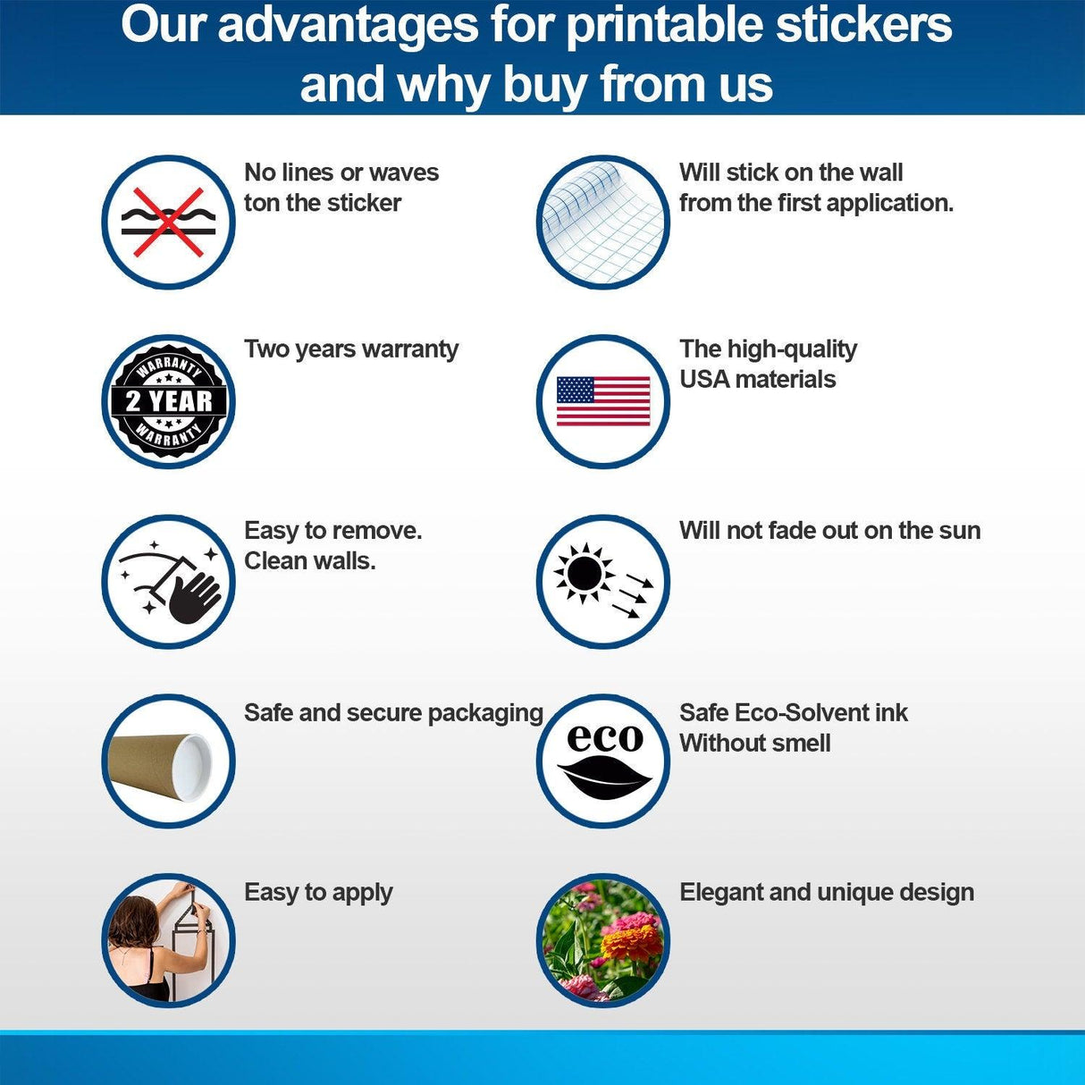 Infographic outlining benefits of printable stickers including quality, easy application, and eco-friendly features.