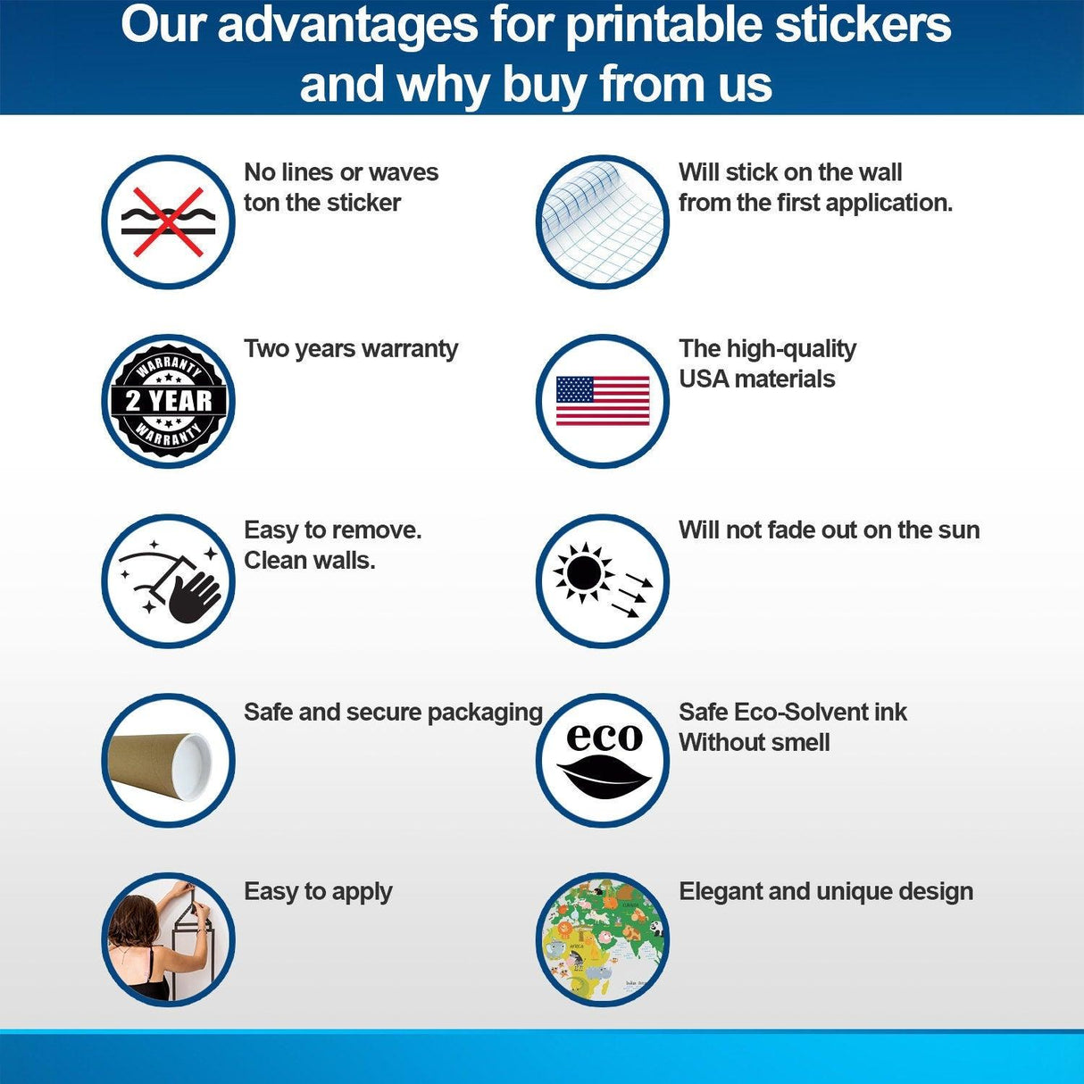 Advantages of printable stickers including easy application, high-quality materials, and eco-friendly ink.
