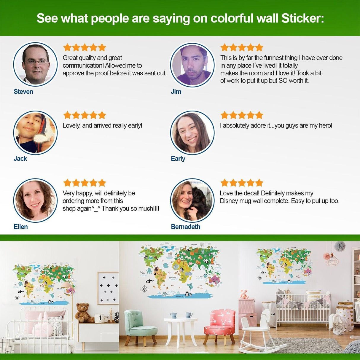 Customer reviews for Kids World Map Wall Decal. Happy parents share their experiences and satisfaction with the colorful design.