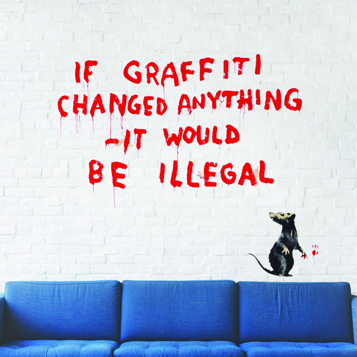 Banksy Illegal Rat Vinyl Wall Sticker on a white wall with graffiti text, adding edgy art decor to a living room.