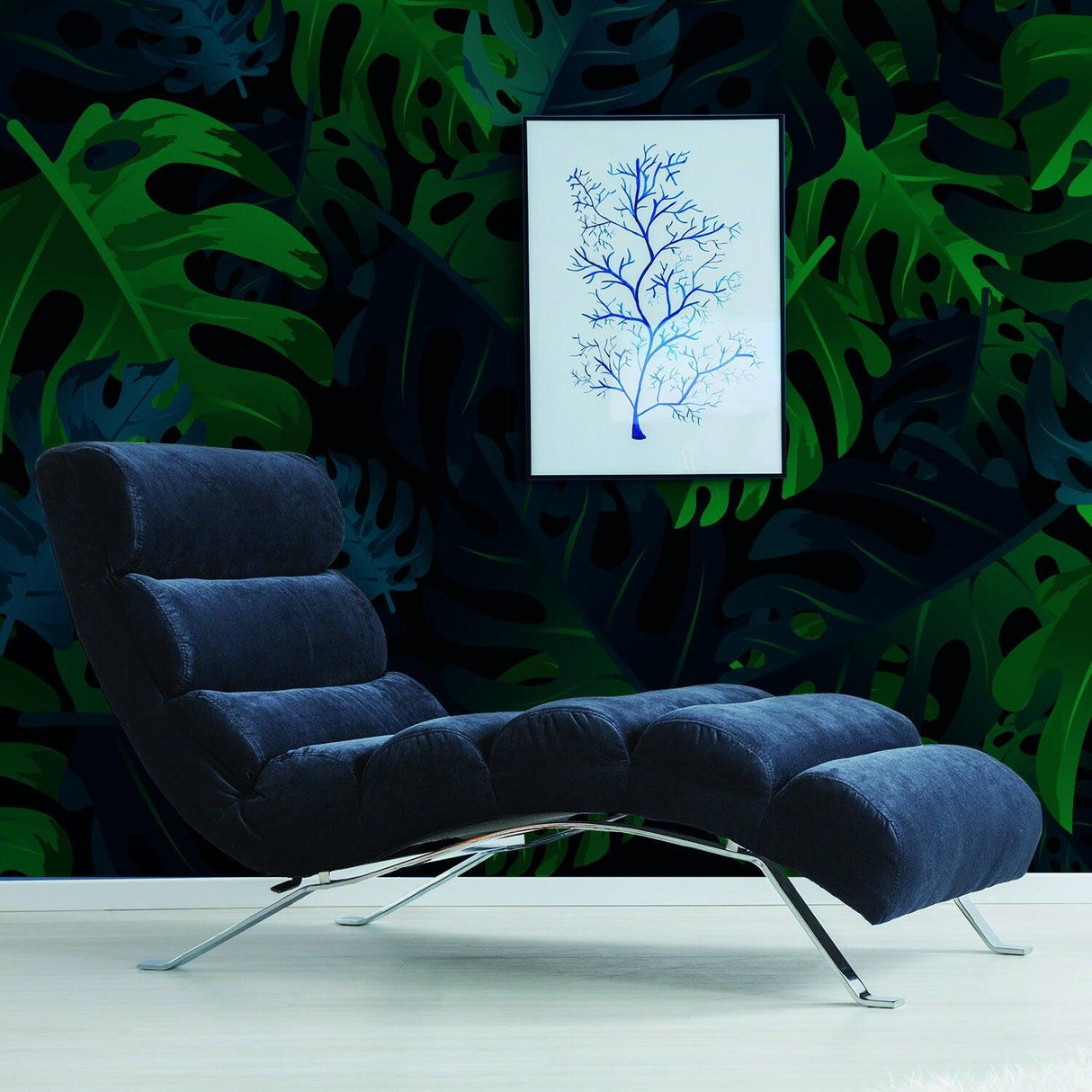 Stylish room featuring Leaves Wallpaper Tapestry Decor with green tropical leaves and a modern lounge chair.