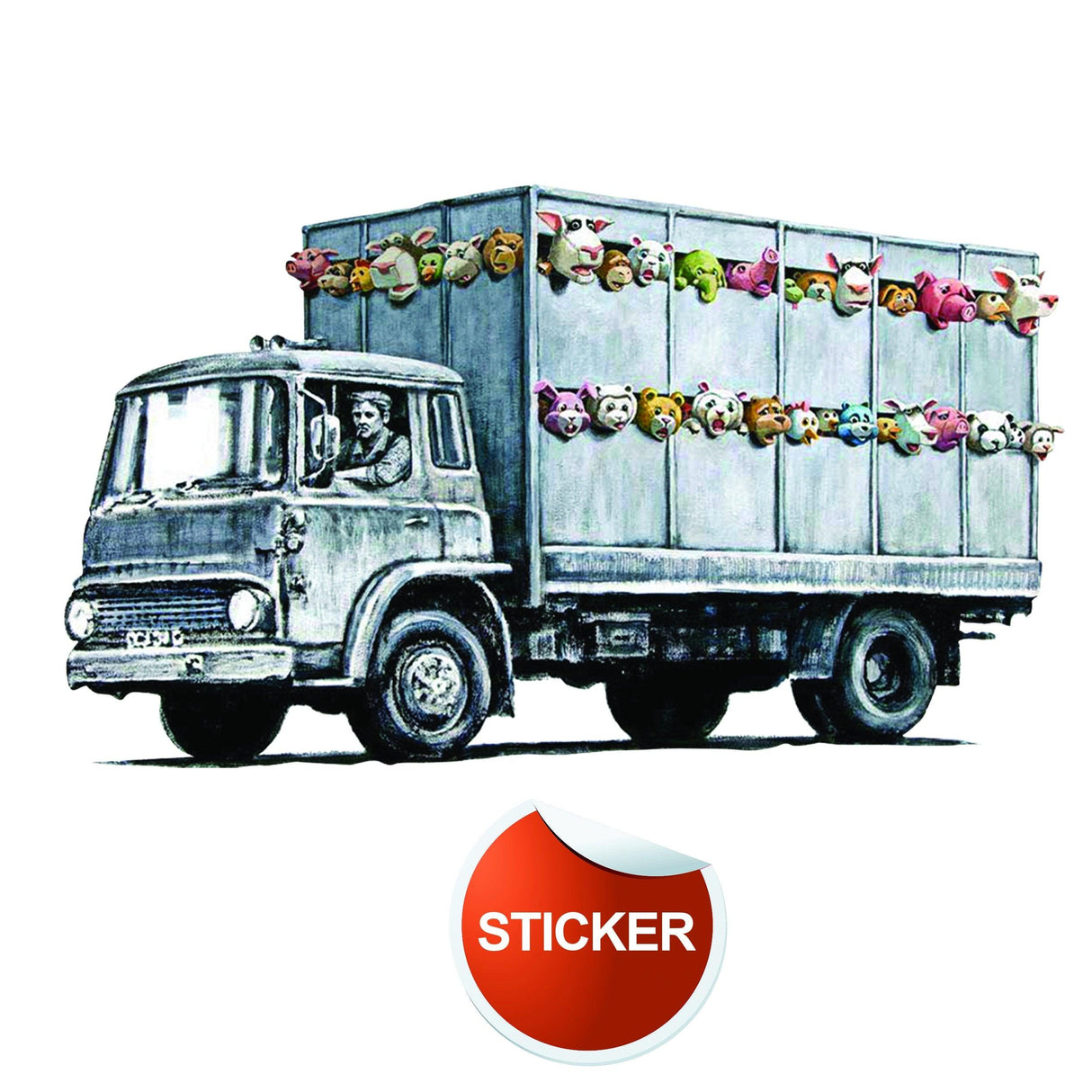 Banksy Animal Truck Vinyl Wall Sticker featuring playful animals in a truck, perfect for urban home decor.