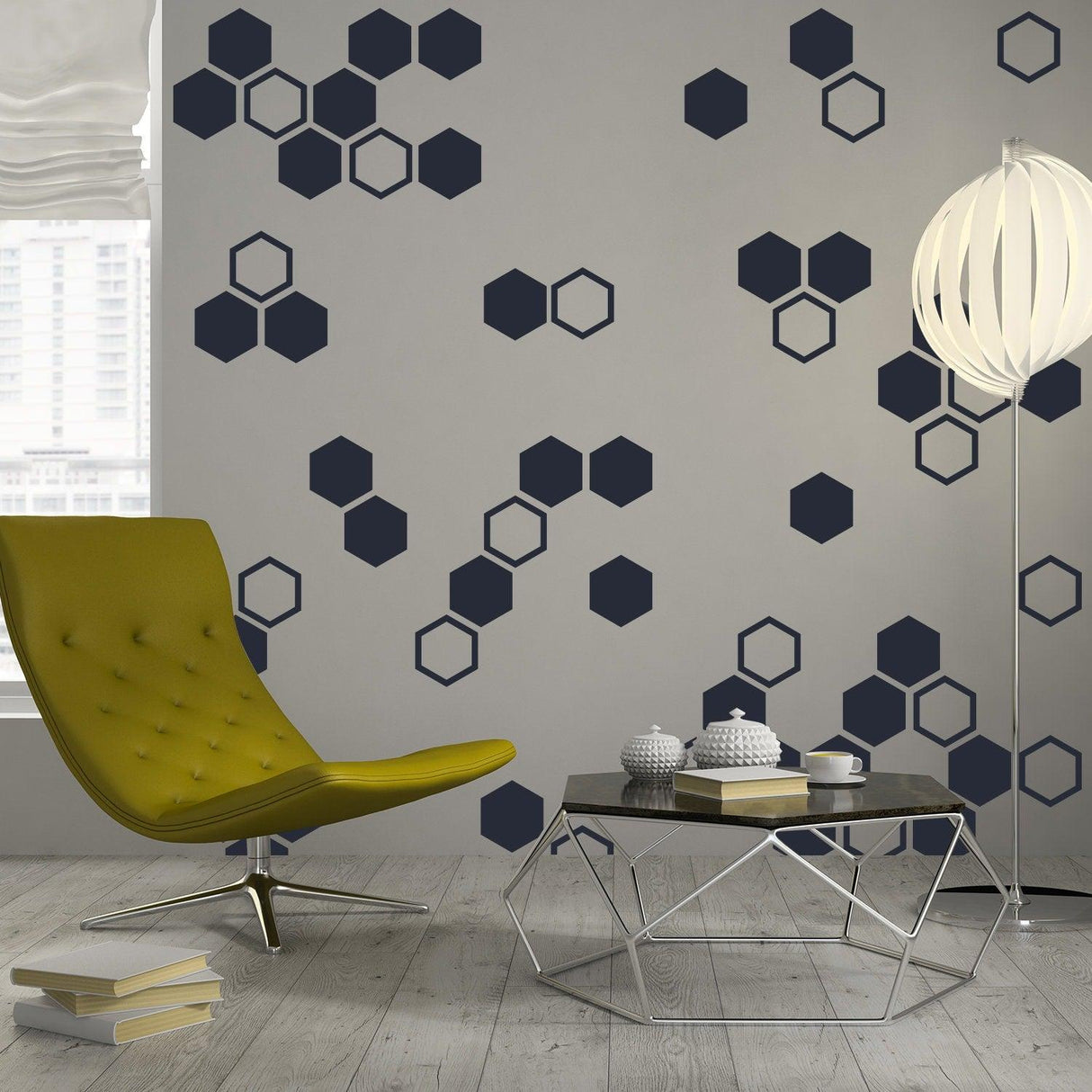Modern honeycomb wall decals in geometric hexagon design, enhancing a stylish living room with yellow chair and sleek coffee table.