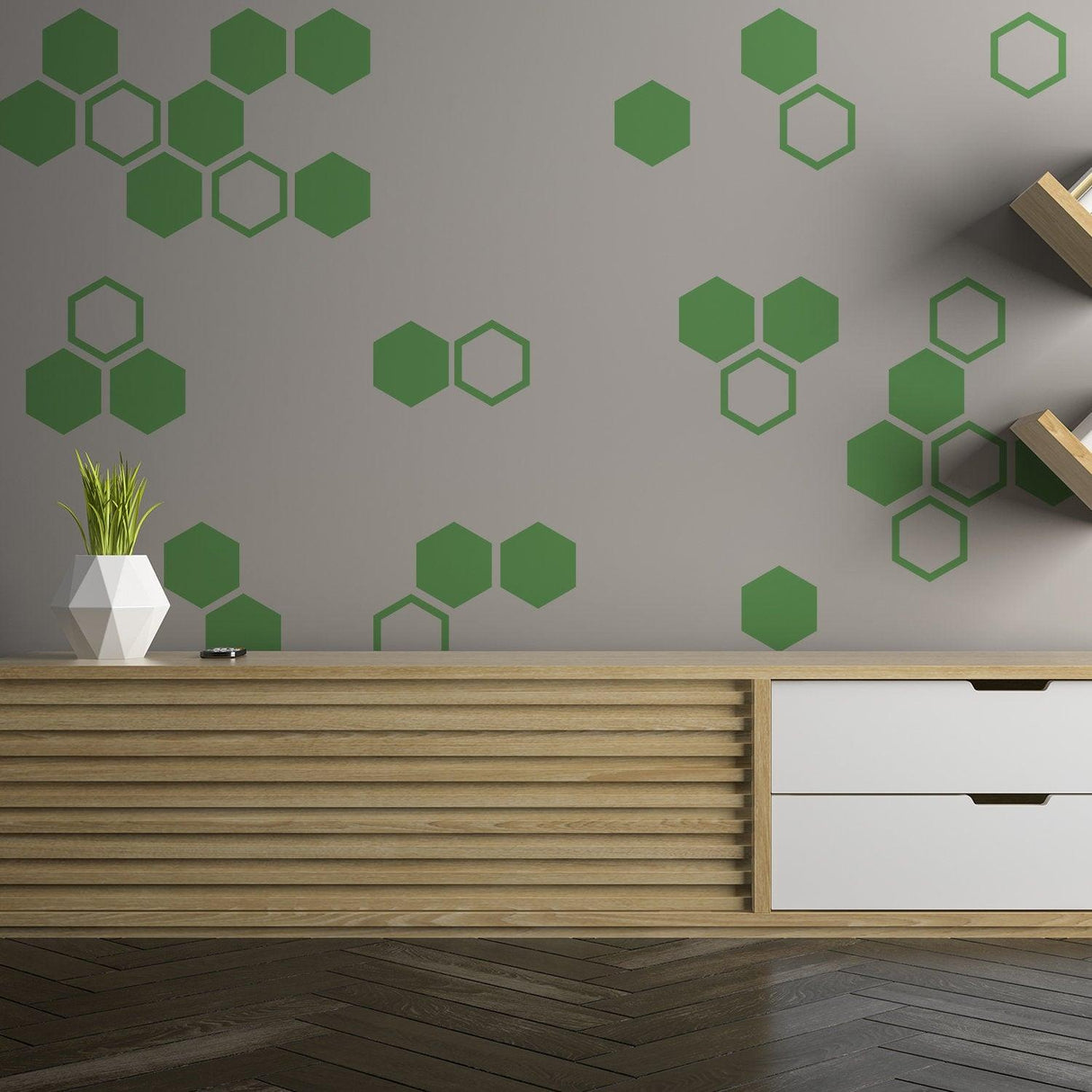 Honeycomb wall decals in green on a modern gray wall, featuring geometric hexagon designs for stylish home decor.