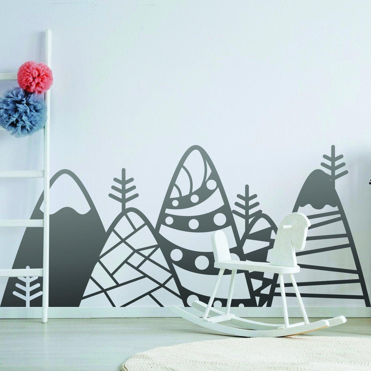 Patterned mountain wall decor decal in black for kid's room, featuring playful designs and modern aesthetic.