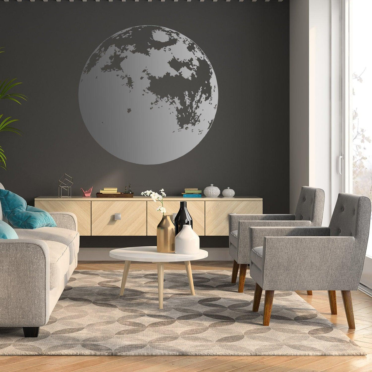 Stylish living room with a large moon phase wall decal on dark wall and modern furniture, creating a cozy atmosphere.