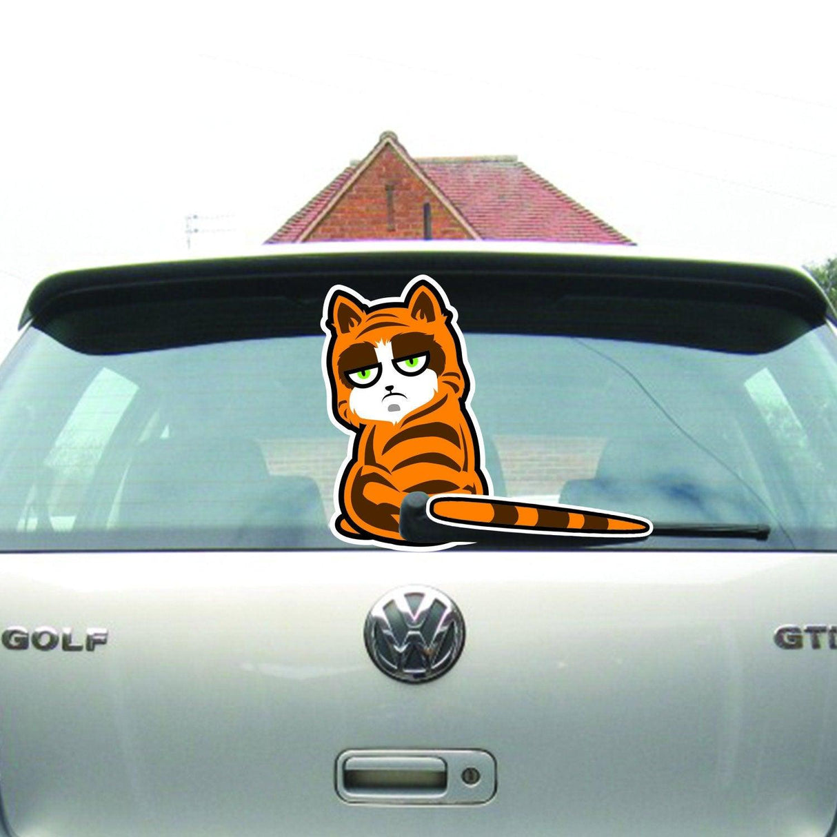 Funny cat vinyl decal for rear car window, featuring a cartoon cat with an annoyed expression.