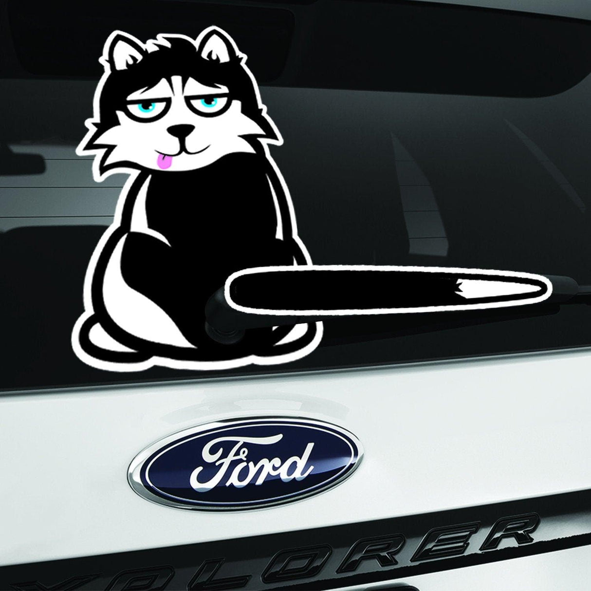 Playful cartoon husky decal on a truck windshield, adding personality to your vehicle.