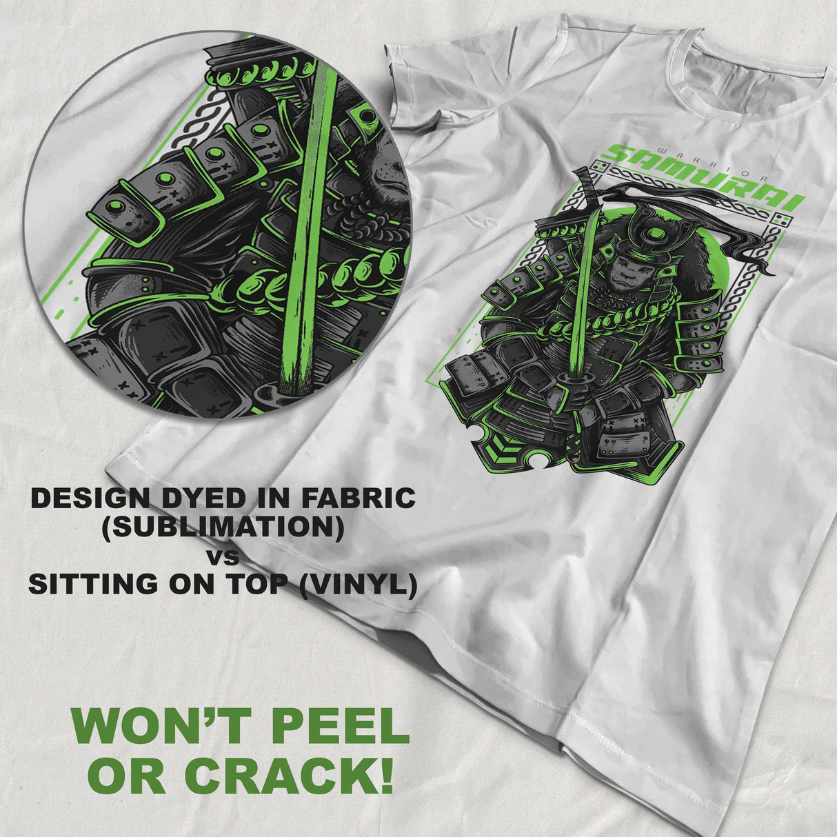 Custom samurai design on a t-shirt demonstrating dye sublimation vs vinyl transfer, emphasizing durability.
