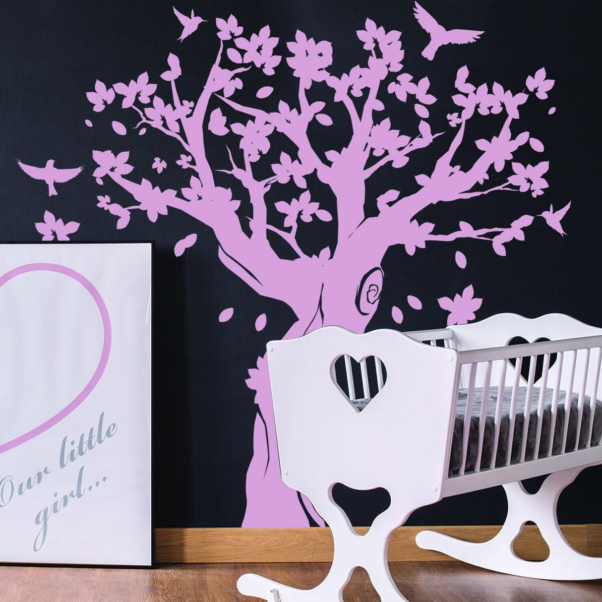 Pink tree wall decal decor for nursery, featuring birds and flowers, enhancing kids room charm.