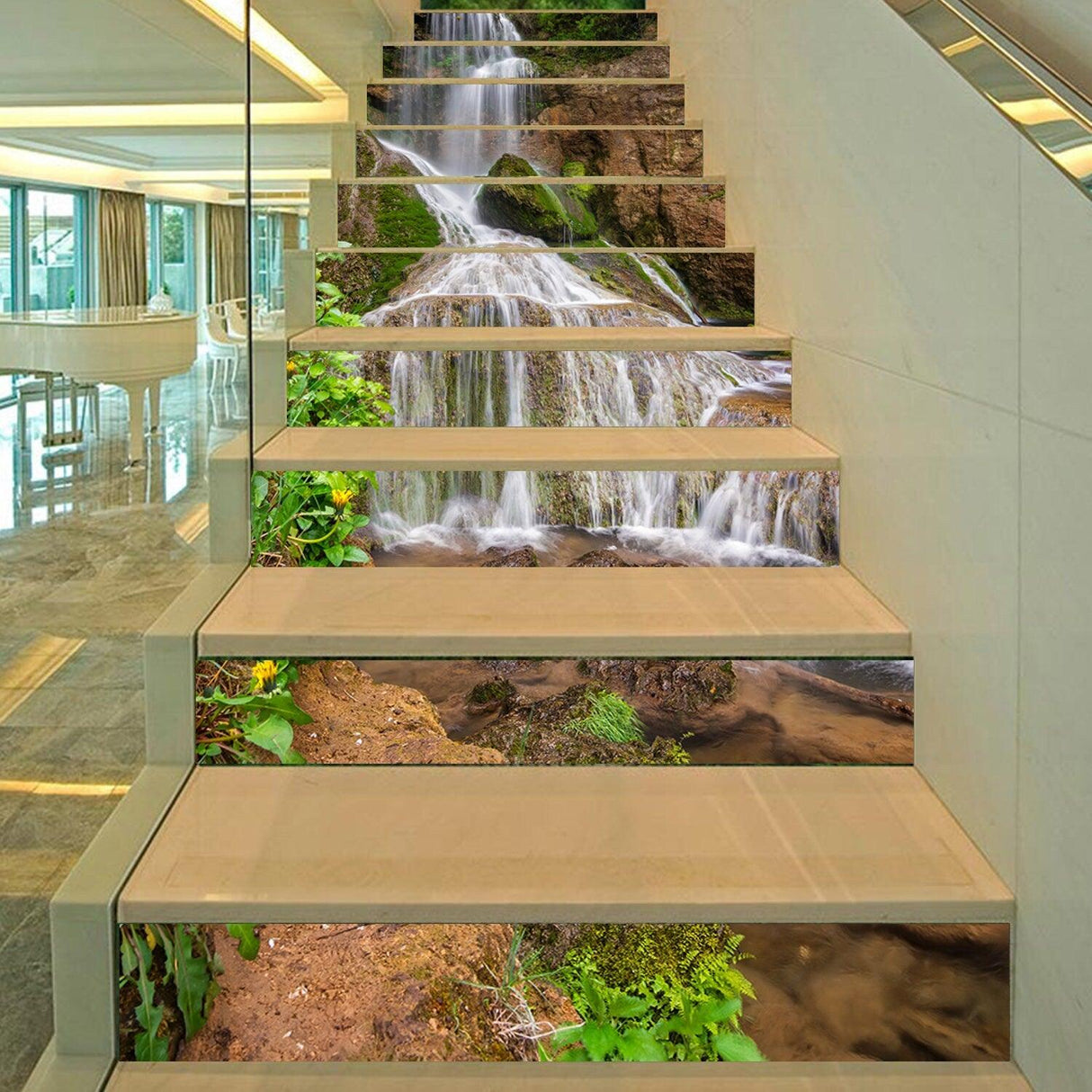 Stair riser vinyl decals featuring a scenic waterfall design for home decor.