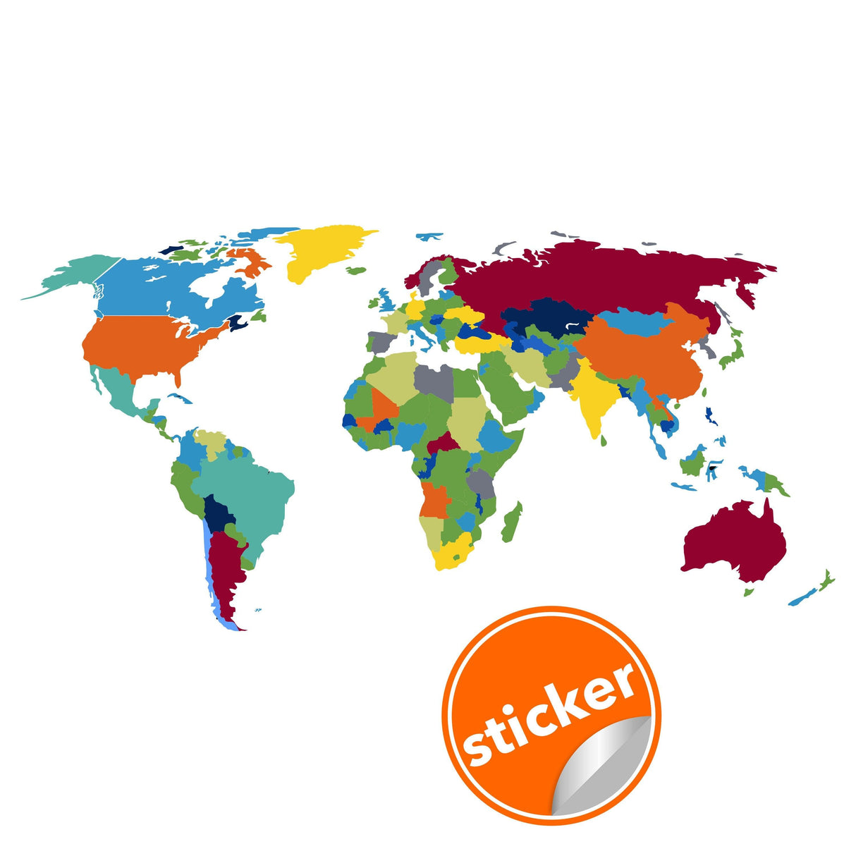 Colorful world map wall sticker for home decor, large and realistic travel atlas decal.