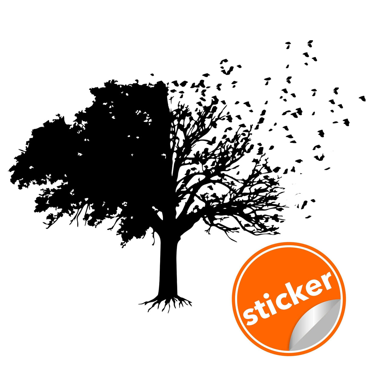 Silhouette tree wall decal sticker with birds flying, perfect for bedroom or living room decor.