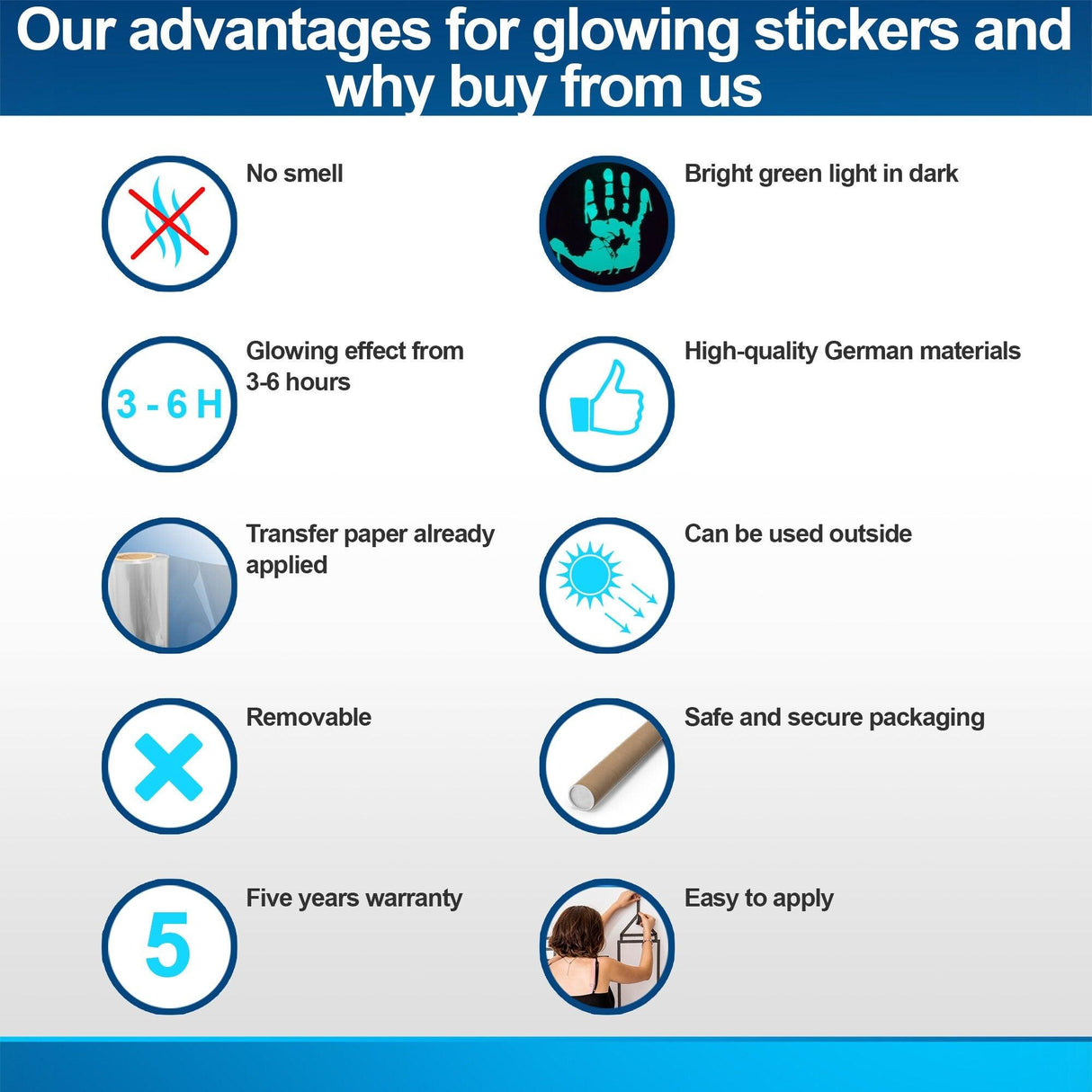 Advantages of glowing stickers: odorless, bright green light, durable materials, removable, with a 5-year warranty.