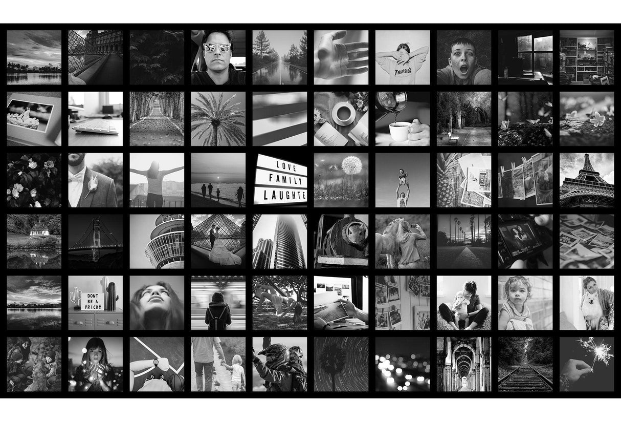 Black and white photo collage with various images showcasing memories and moments.