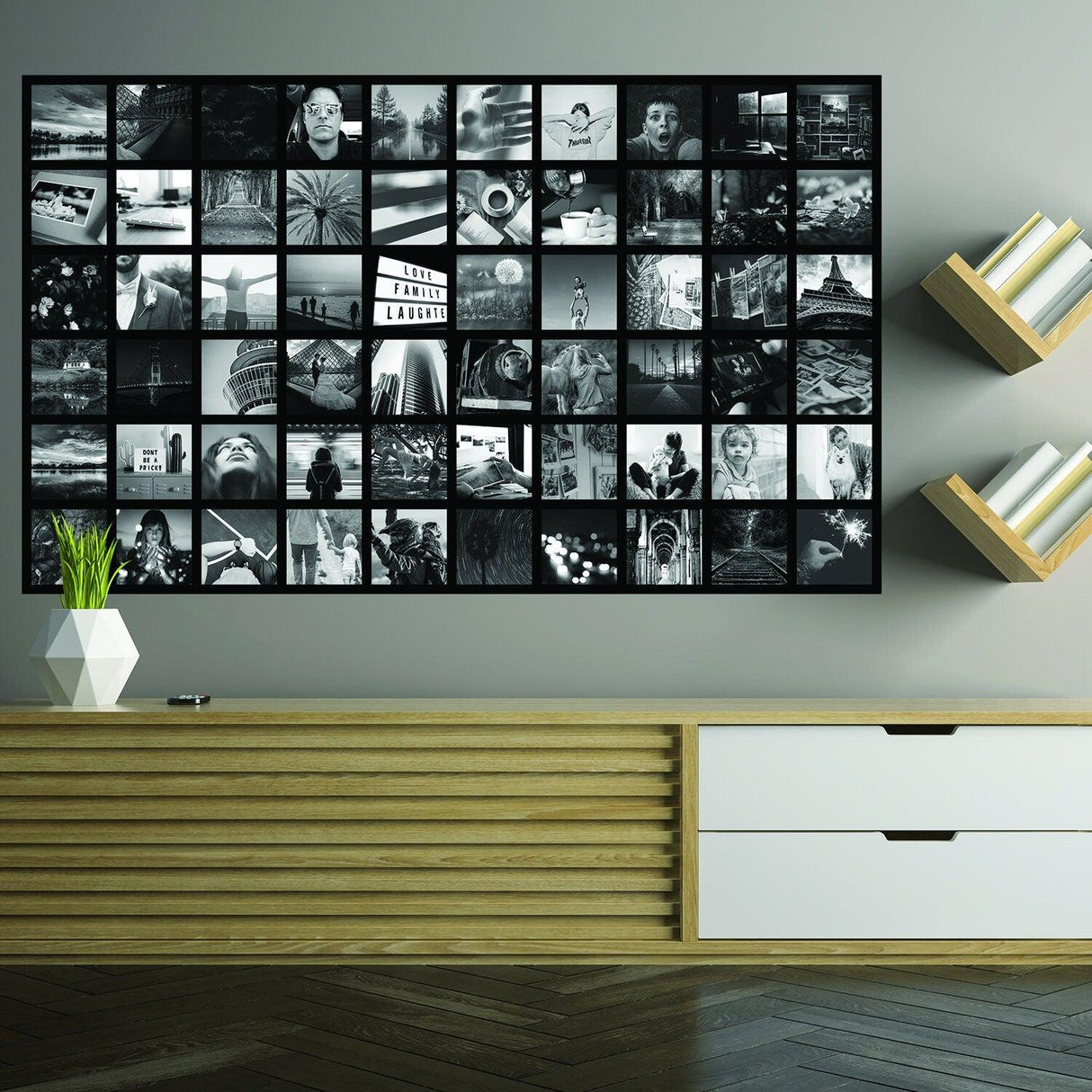 Black and white photo collage wallpaper sticker showcased on a stylish wall with minimalistic decor.