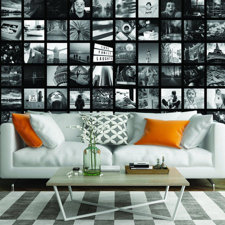 Living room with photo collage wallpaper sticker, showcasing personalized wall art in black and white.