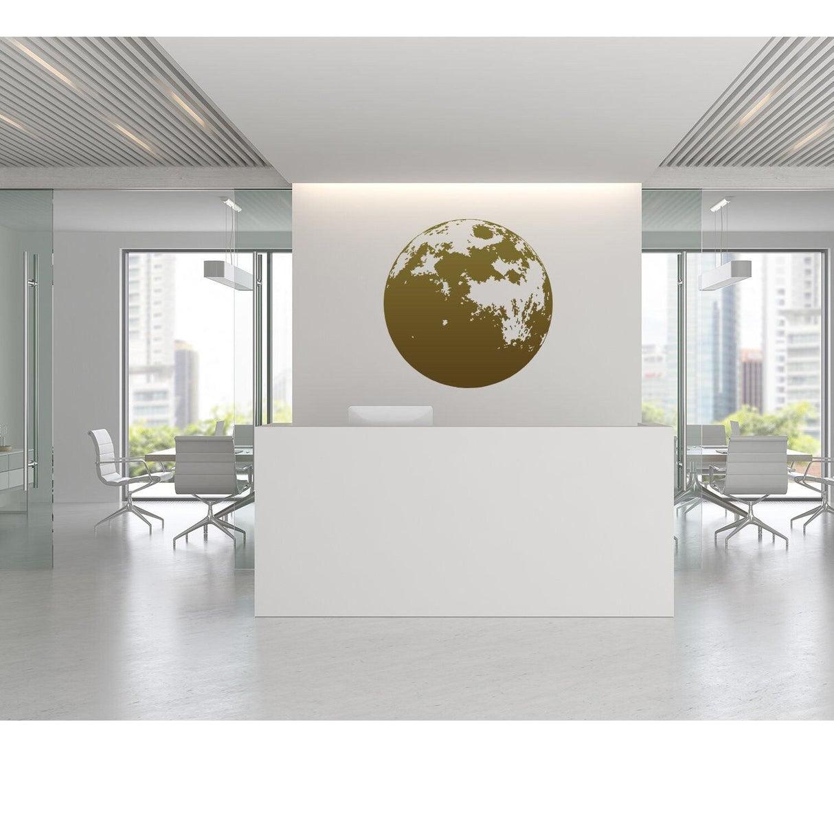 Modern reception area featuring a large decorative moon wall decal in gold, enhancing the contemporary design.