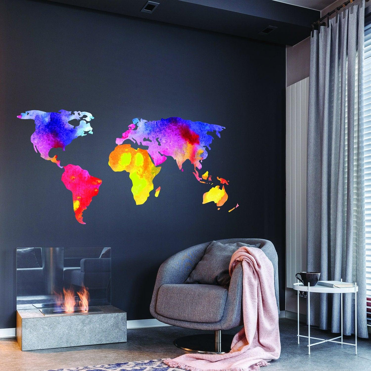 Colorful world map wall decal in modern living room, perfect for decoration and educational purposes.