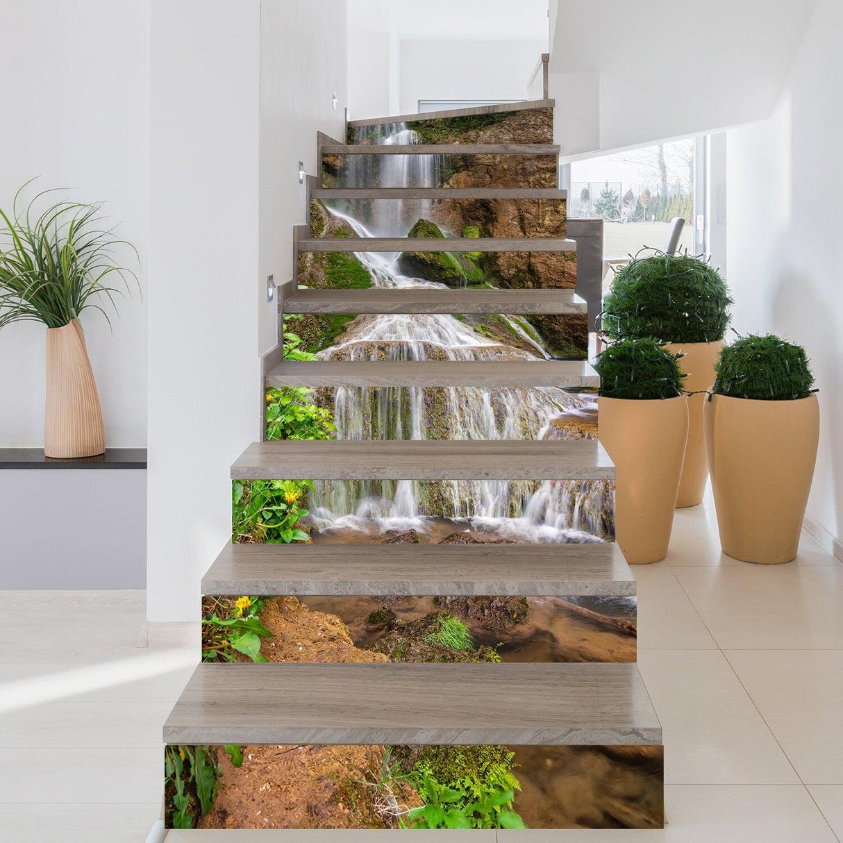 Stair riser vinyl decals featuring a serene waterfall design for unique home decoration.