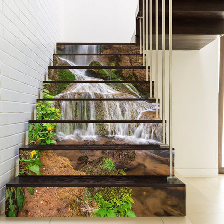 Stair riser vinyl decals featuring a beautiful waterfall design on a modern staircase.
