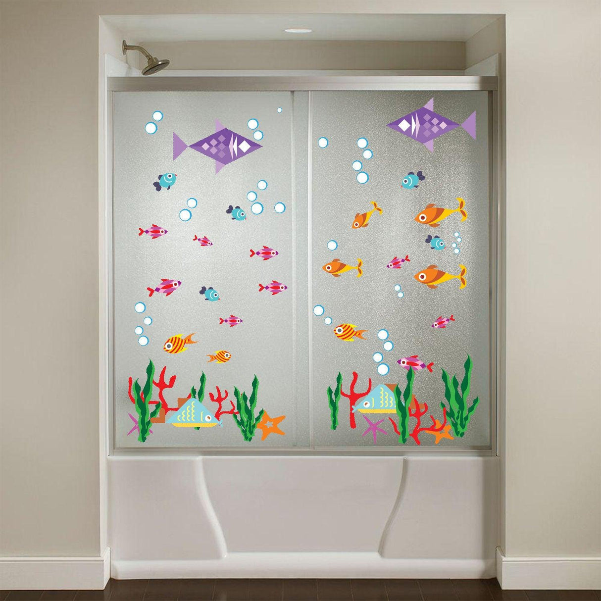 Colorful vinyl fish decals on shower doors, adding fun and aquatic decor to a bathroom.