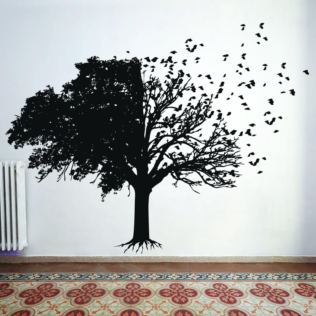Black tree wall decal with leaves and birds, perfect for bedroom and living room decor.