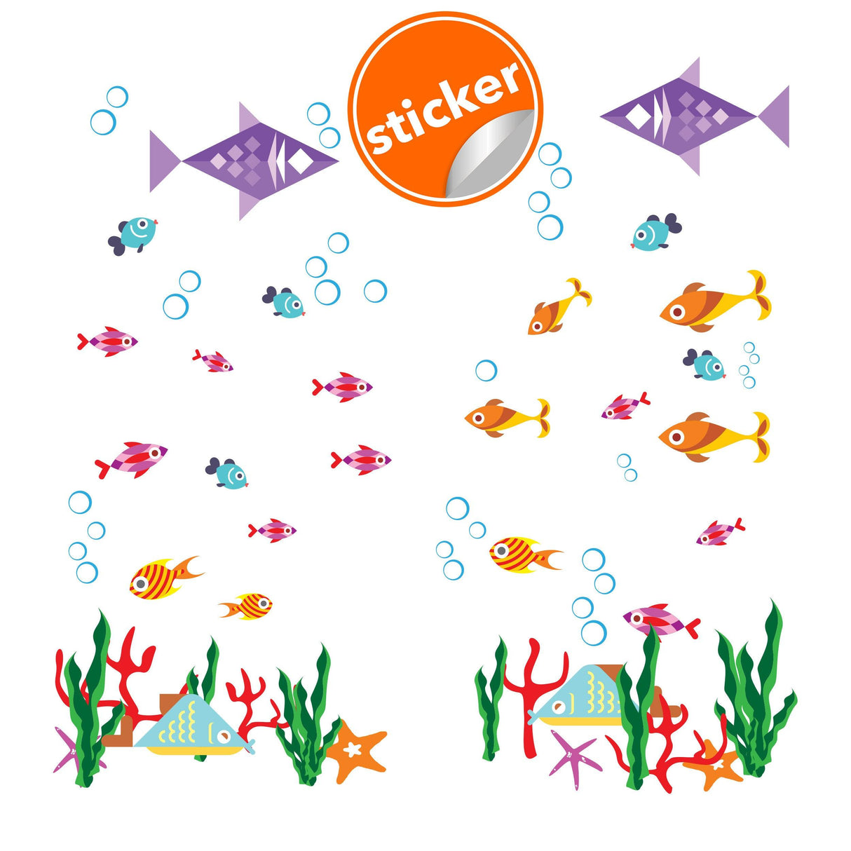 Colorful vinyl stickers of fish and underwater plants, perfect for kids' room or bathroom decor.