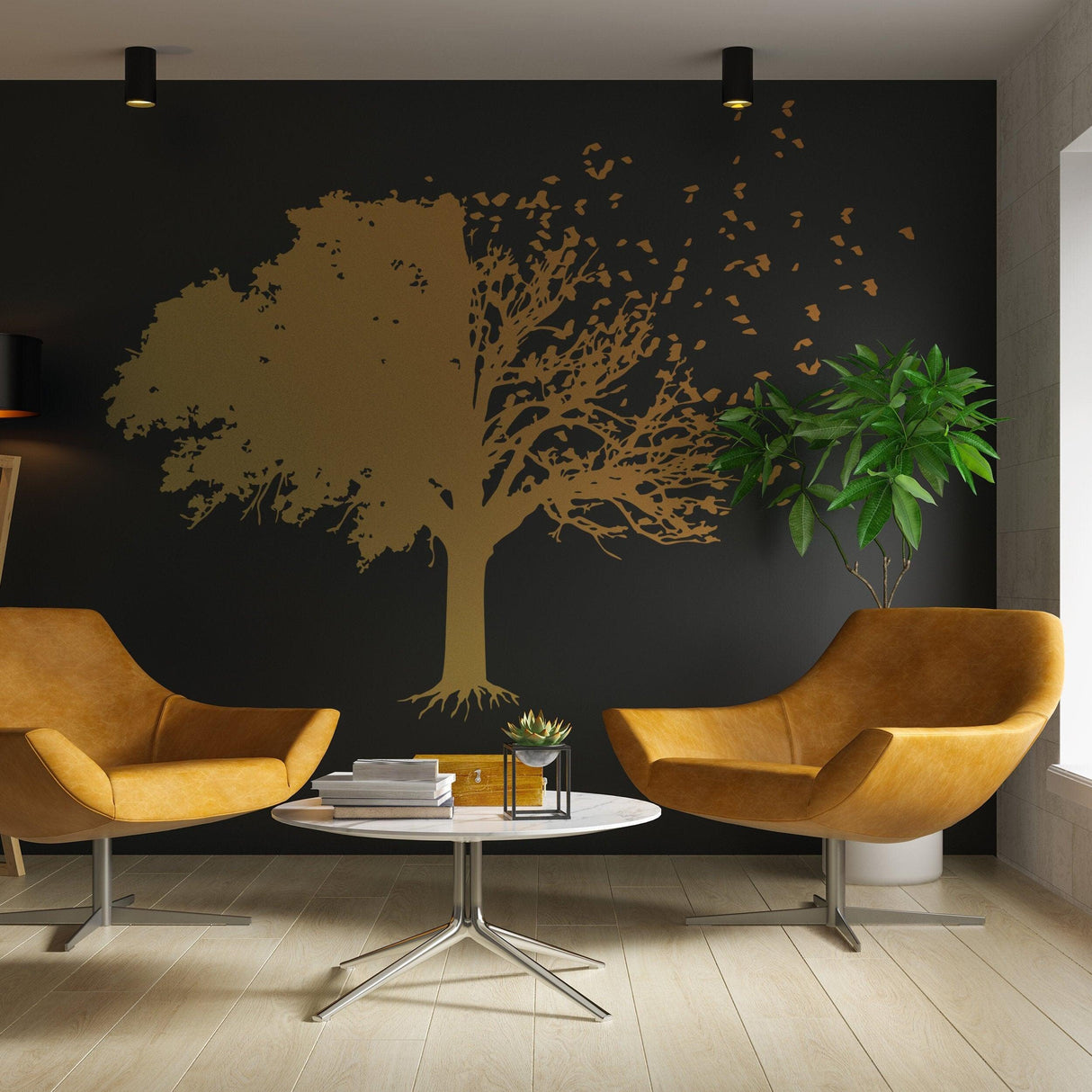 Elegant tree wall decal in gold, surrounded by birds, enhancing a modern living room with orange chairs and greenery.