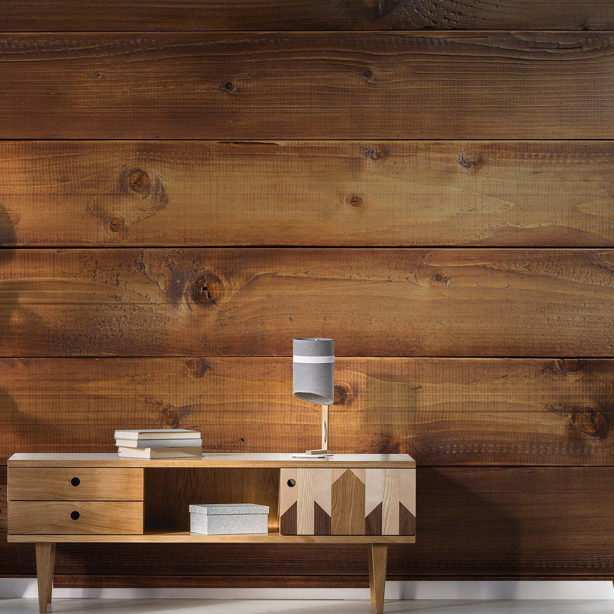 Modern living room with wooden wall and stylish console table, showcasing warm brown wood effect.