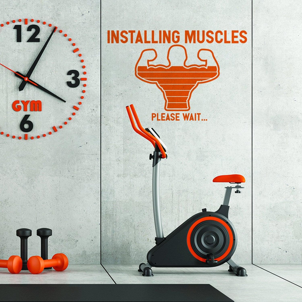 Fitness gym wall decal with humorous 'Installing Muscles' quote above exercise bike in modern workout space.