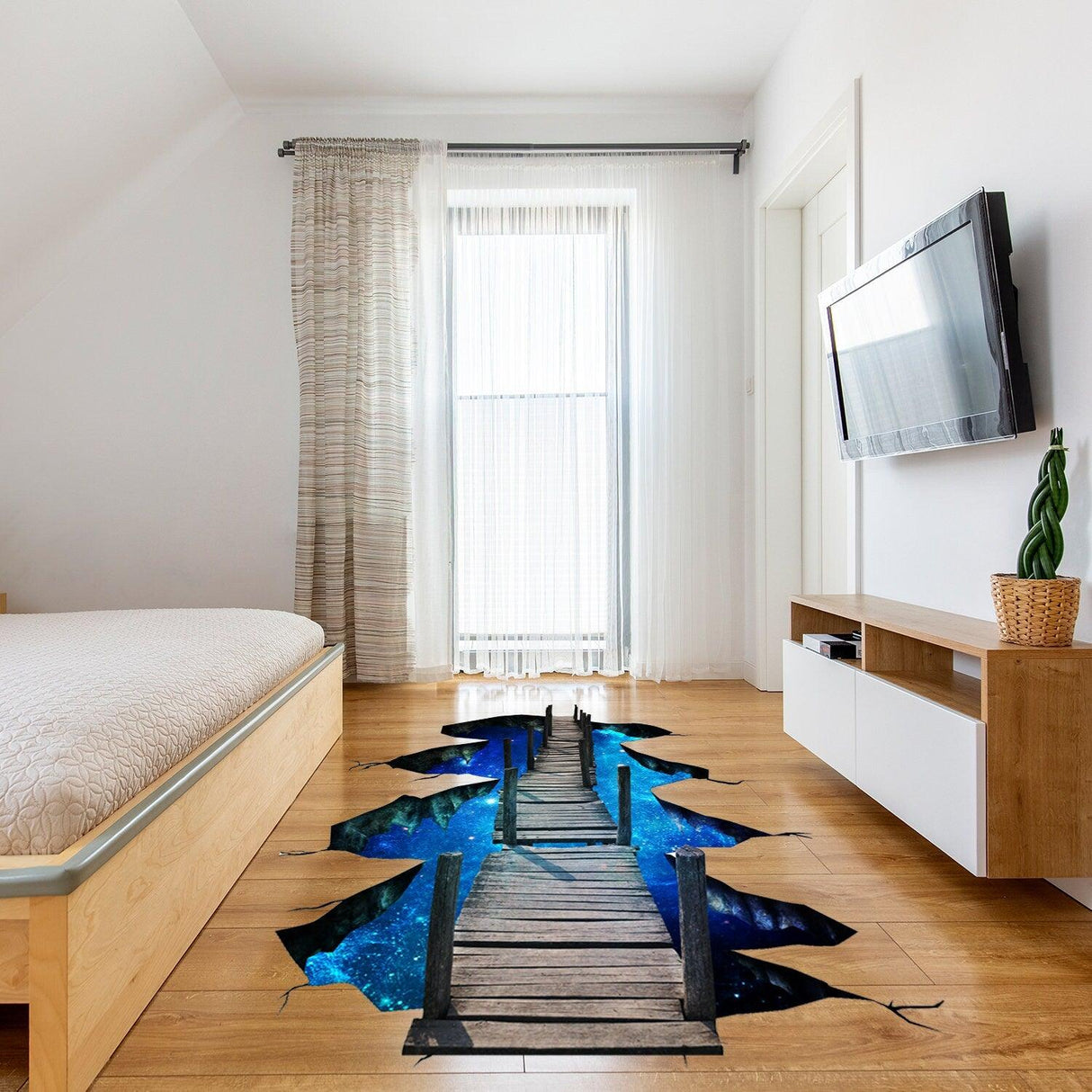 3D space bridge vinyl decal on wooden floor in a modern bedroom, featuring a galaxy design for home decor.