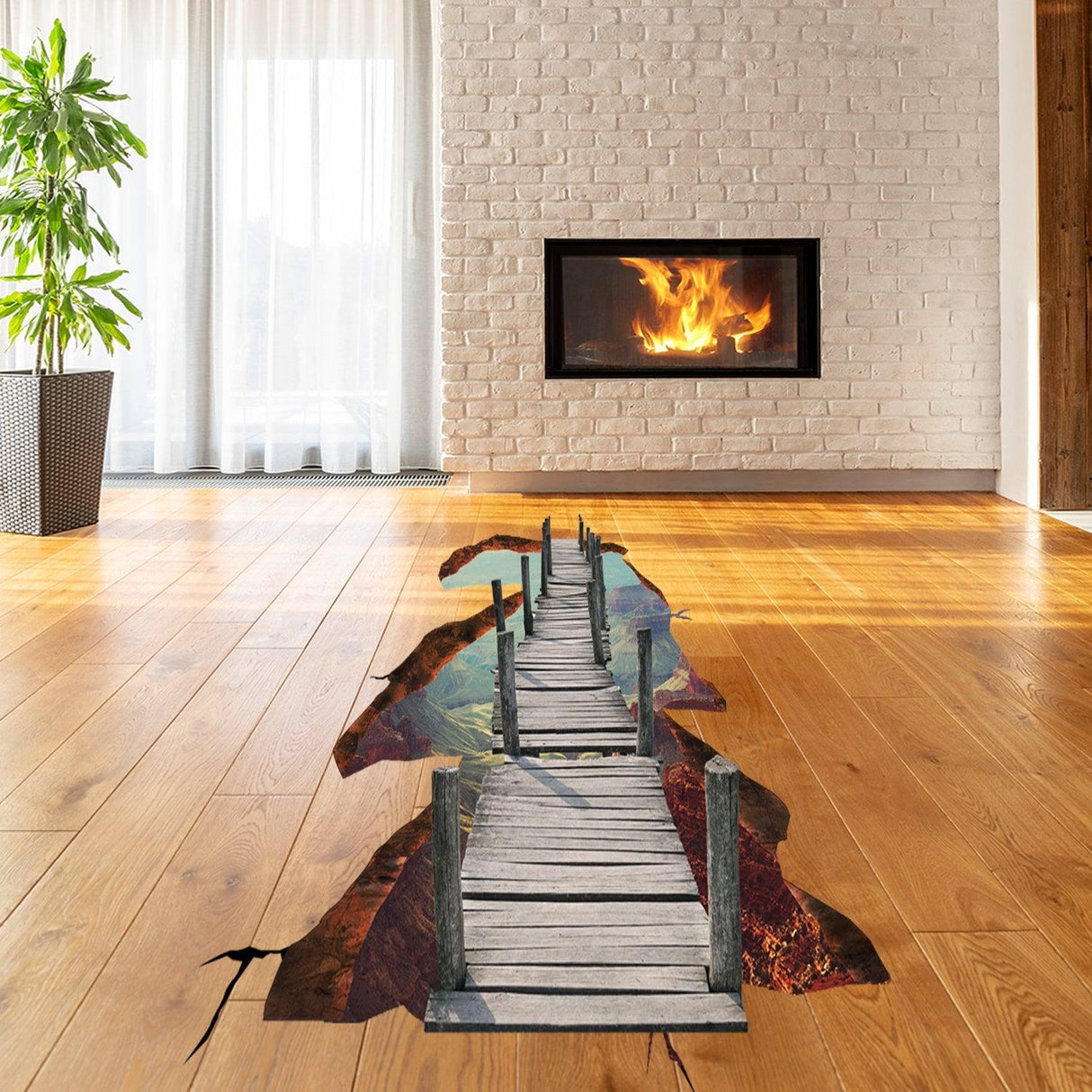 3D space bridge floor vinyl decal in a living room, adding an imaginative and unique decoration to the wooden floor.