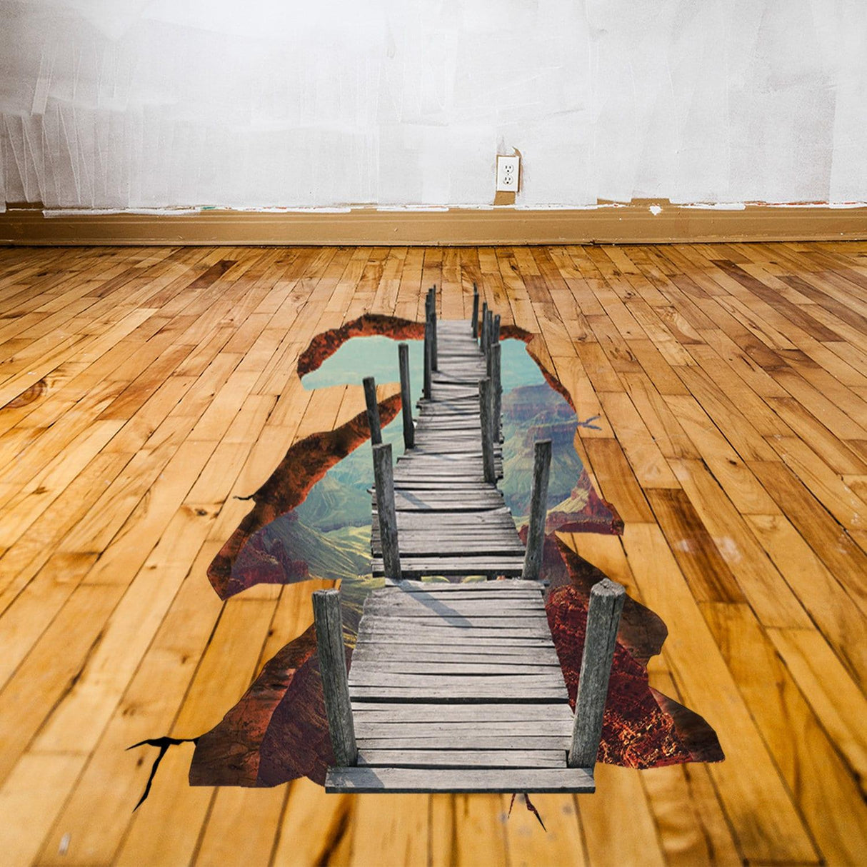 3D space bridge vinyl decal on wooden floor, creating a stunning illusion of depth and adventure for home decor.